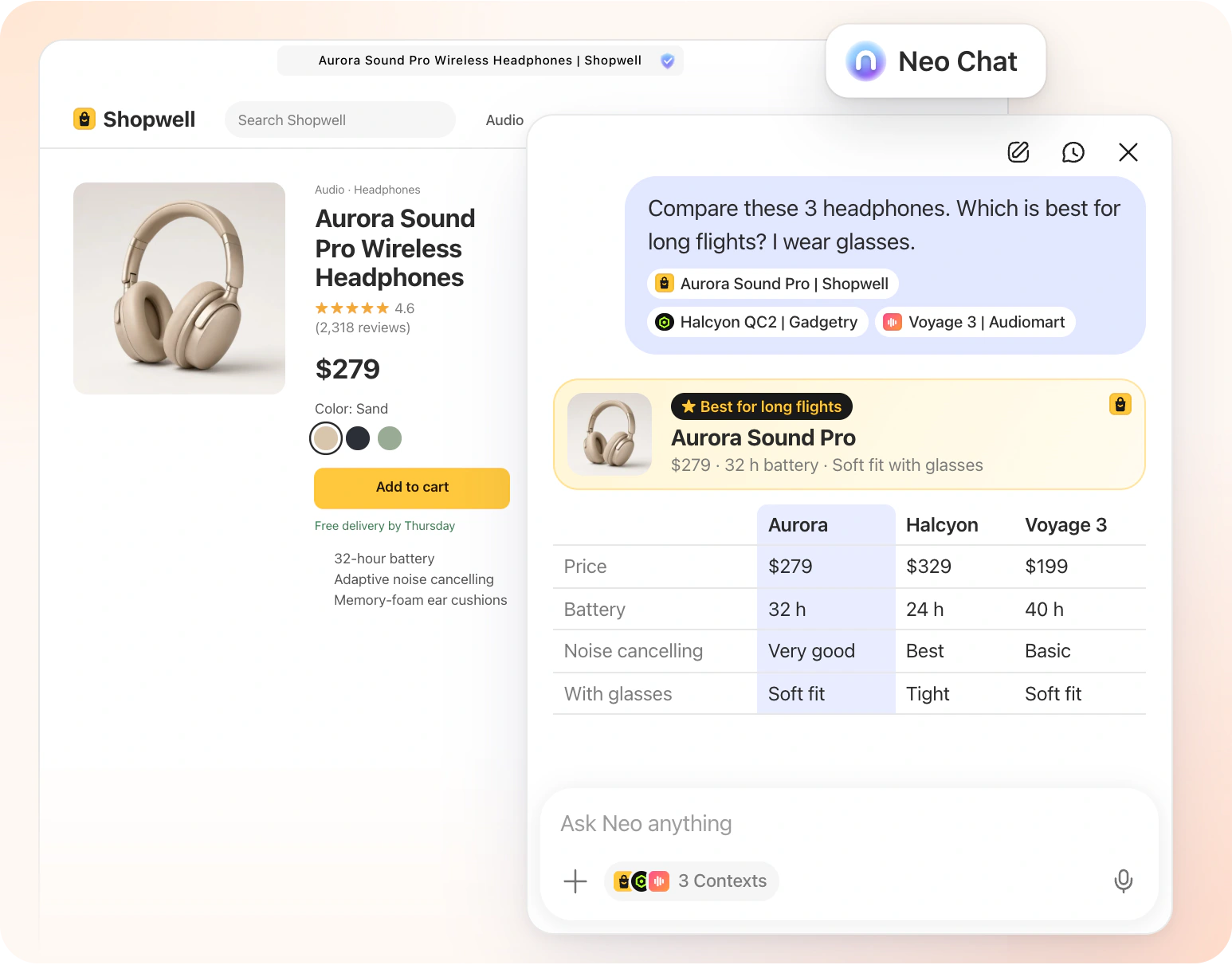 Neo Chat comparing products from three open tabs and recommending the best fit.