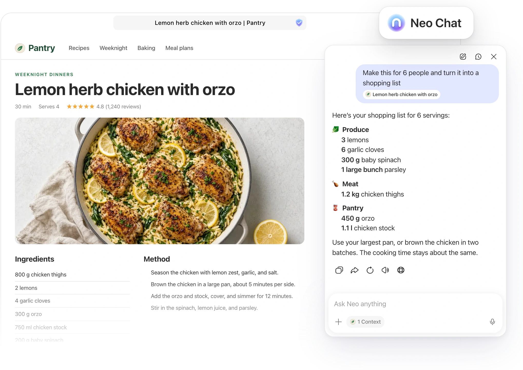 Neo Chat open beside a web page in Norton Neo, answering a question about it.