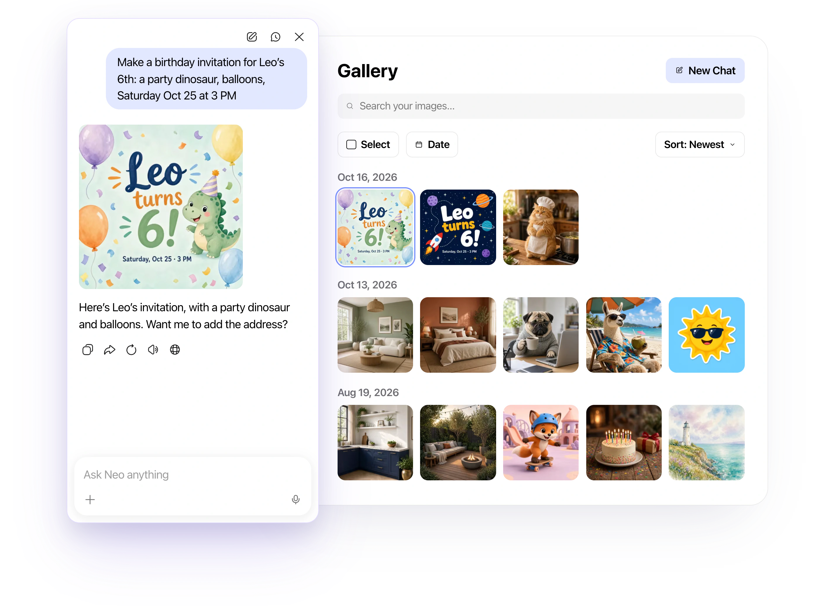 Neo Chat creating an image from a description, beside Neo’s image Gallery.